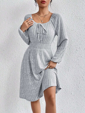ZARA Spring Summer Square Neck Long Sleeve Ribbed Waist Flared Dress